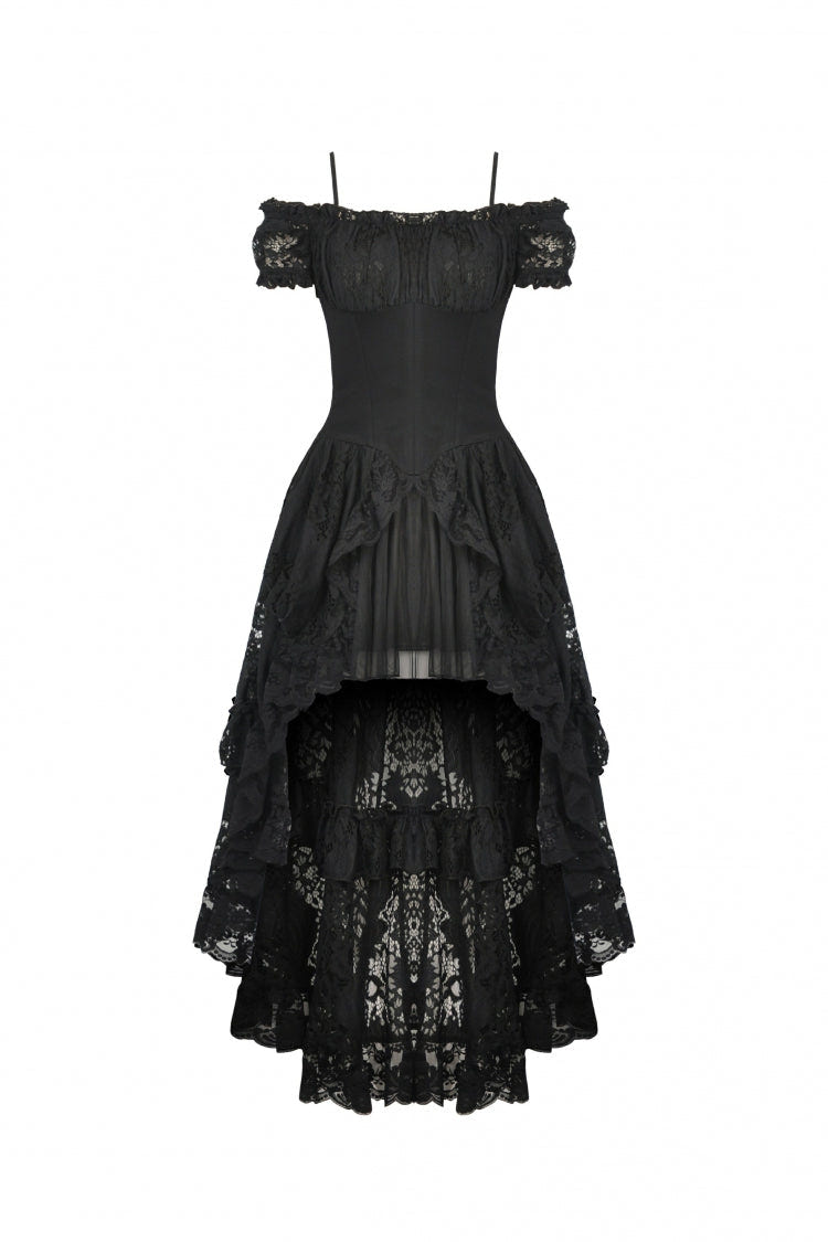 Black Boat Neck Off Shoulder Short Puff Sleeves Ruffled Lace Lace-Up Irregular Women's Gothic Dovetail Dress - Product - 3