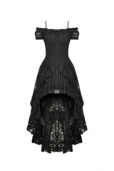 Black Boat Neck Off Shoulder Short Puff Sleeves Ruffled Lace Lace-Up Irregular Women's Gothic Dovetail Dress - Product - 3
