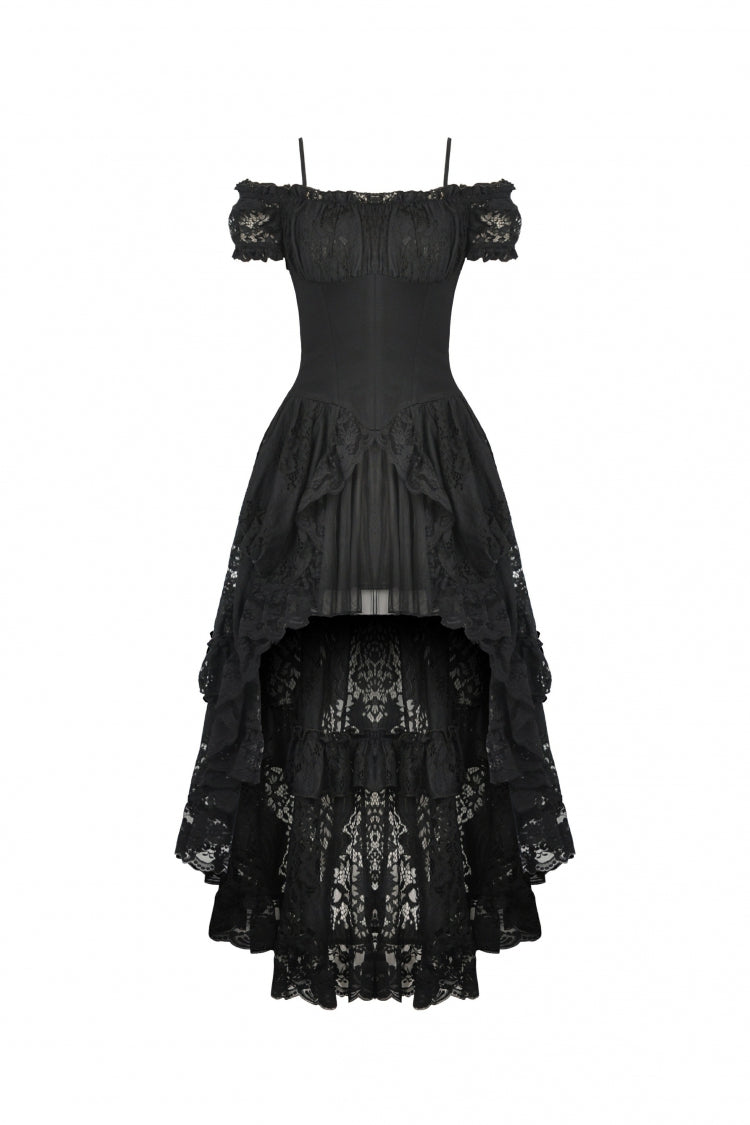 Black Boat Neck Off Shoulder Short Puff Sleeves Ruffled Lace Lace-Up Irregular Women's Gothic Dovetail Dress - Product - 3