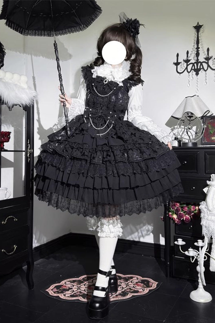 [Love Feather] Multi-Layered Hanayome Bowknot Lace Sweet Gorgeous Lolita Jsk Dress 4 Colors - Black - 9