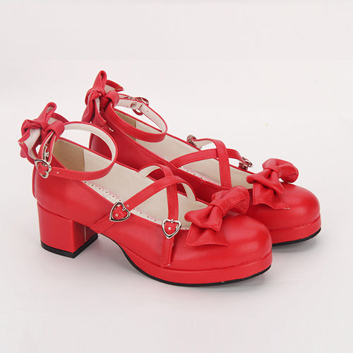 Cross Buckle Princess Bowknot Mid Heel Lolita Shoes - Red - 2