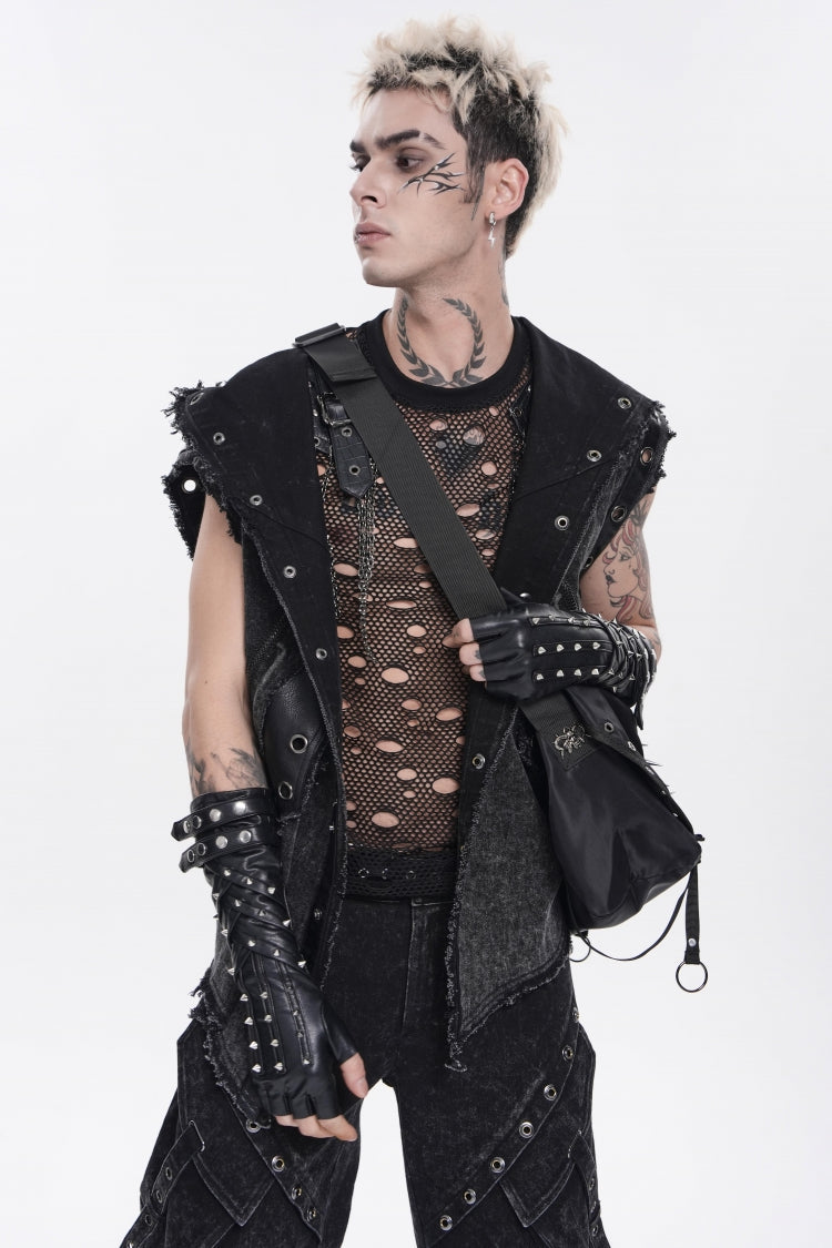 Black Studded Men's Punk Cool Fingerless Gloves - Product - 7