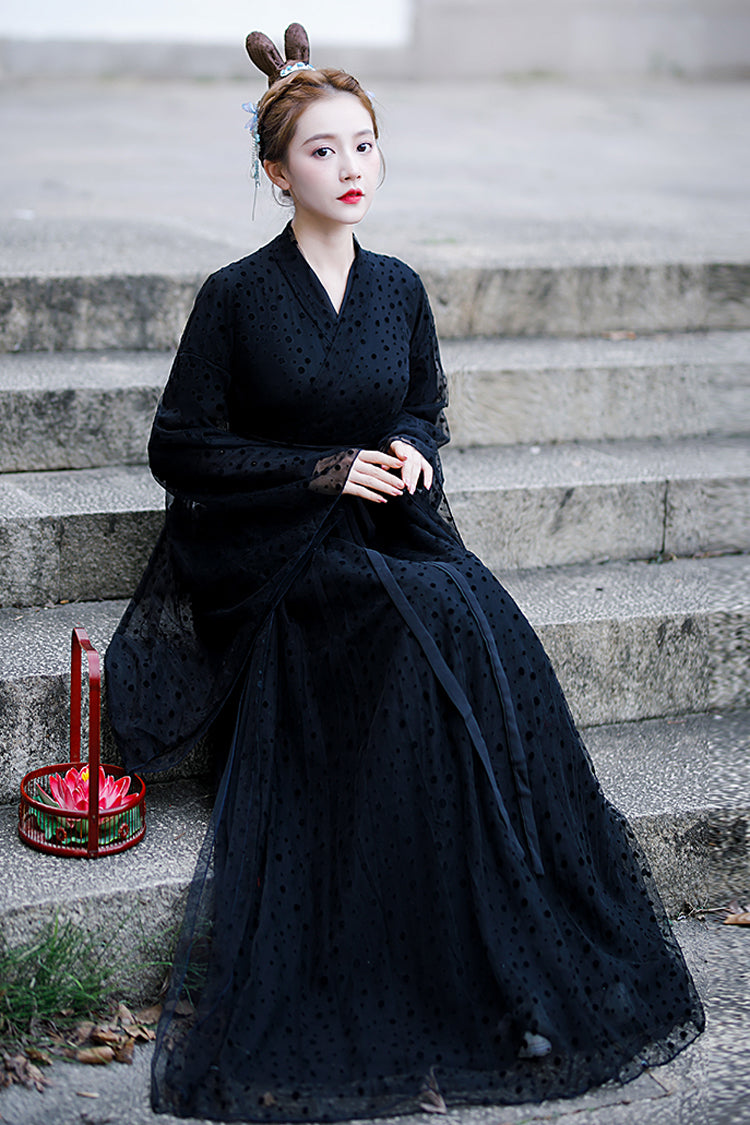 Black Costume Polka Dot Print Classic Hanfu Dress - Product - 3