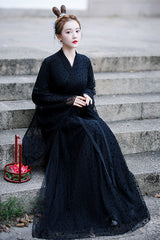 Black Costume Polka Dot Print Classic Hanfu Dress - Product - 3