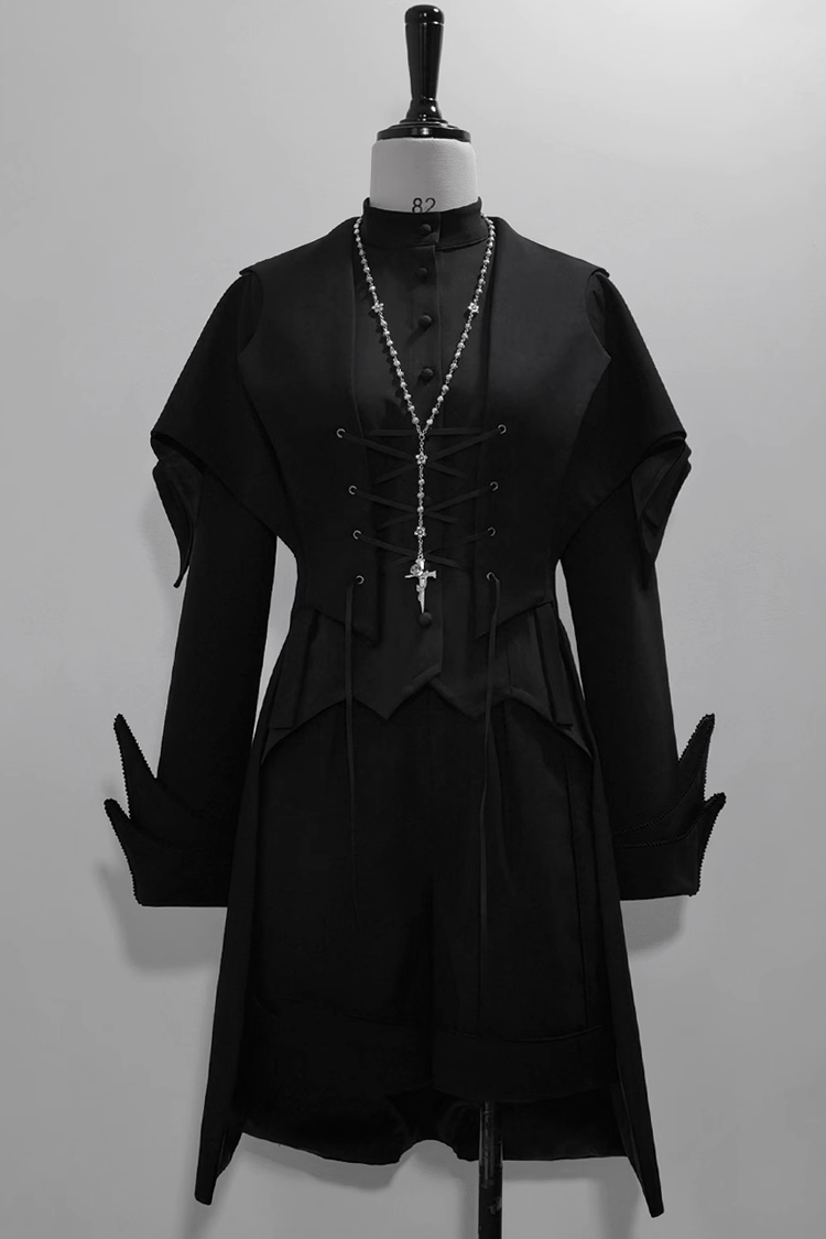 Black Vintage Medieval Prince Ouji Lolita Swallowtail Long Waistcoat Coat - Black - 1