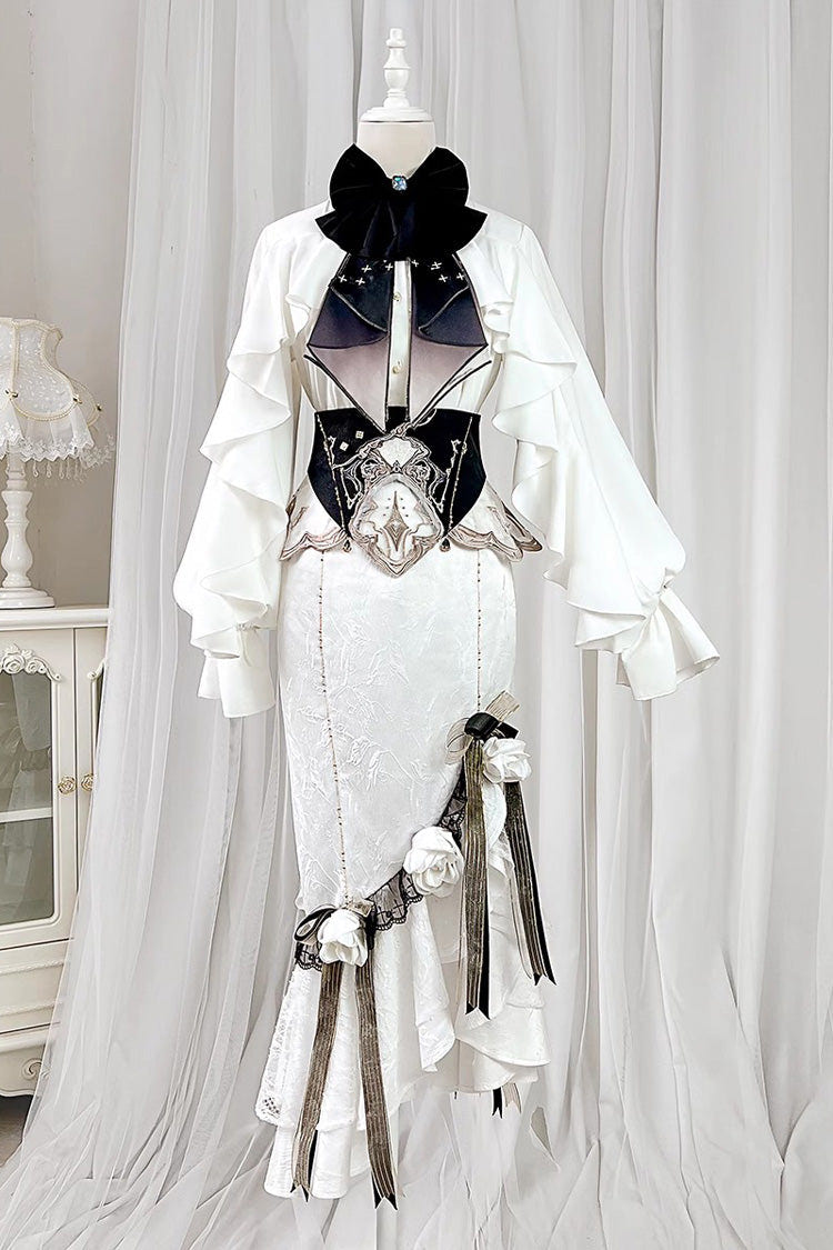 White [Star Gate] Jacquard Embroidery Bowknot Irregular Sweet Elegant Princess Lolita Skirt - White - 1