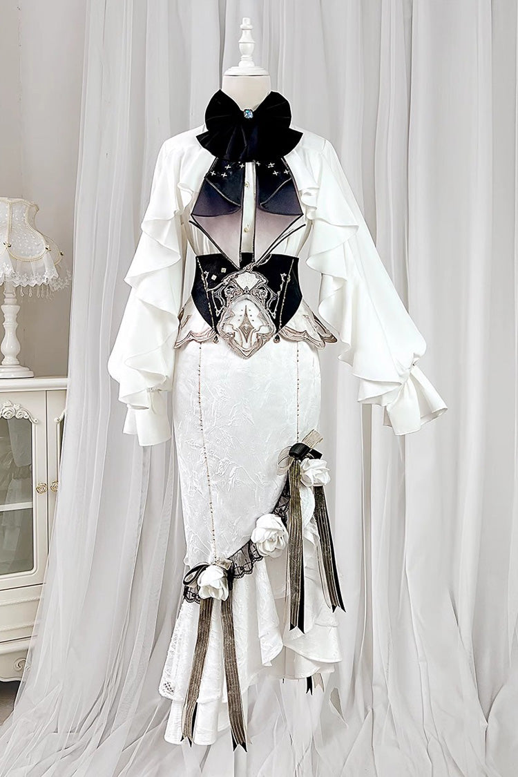 White [Star Gate] Jacquard Embroidery Bowknot Irregular Sweet Elegant Princess Lolita Skirt - White - 1