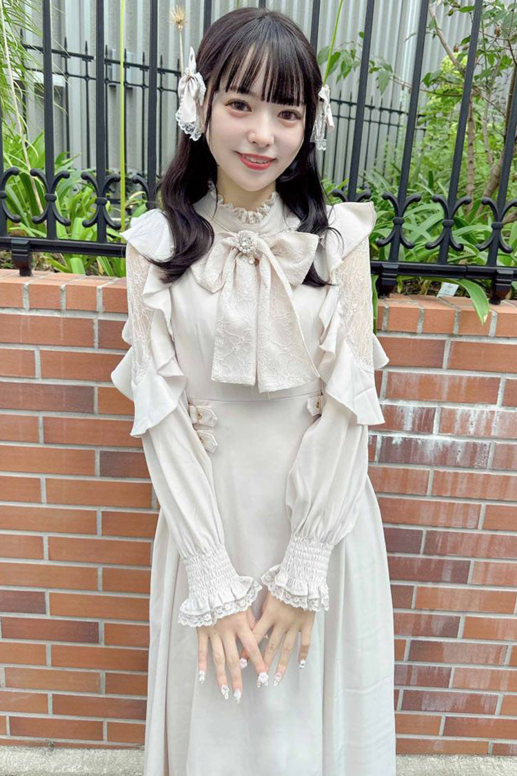 White Stand Collar Off Shoulder Long Sleeves Hollow Bowknot Slim Jirai Kei Japanese Dress - Product - 4