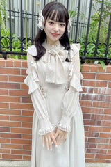 White Stand Collar Off Shoulder Long Sleeves Hollow Bowknot Slim Jirai Kei Japanese Dress - Product - 4