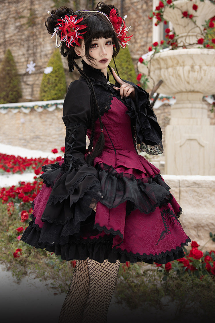 Black/Red Multi-Layered Ruffle Bowknot Lace Asymmetric Gothic Lolita Jsk Dress - Product - 6