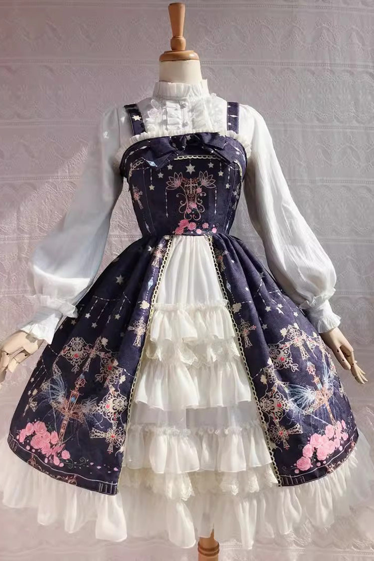 Peacock Cross Print Ruffle Cardigan Bowknot Sweet Lolita Jsk Dress 4 Colors - Purple - 3