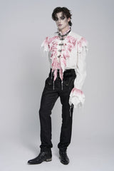 White High Collar Long Trumpet Sleeves Color-Blocked Pleated Men's Gothic Shirt - Product - 6