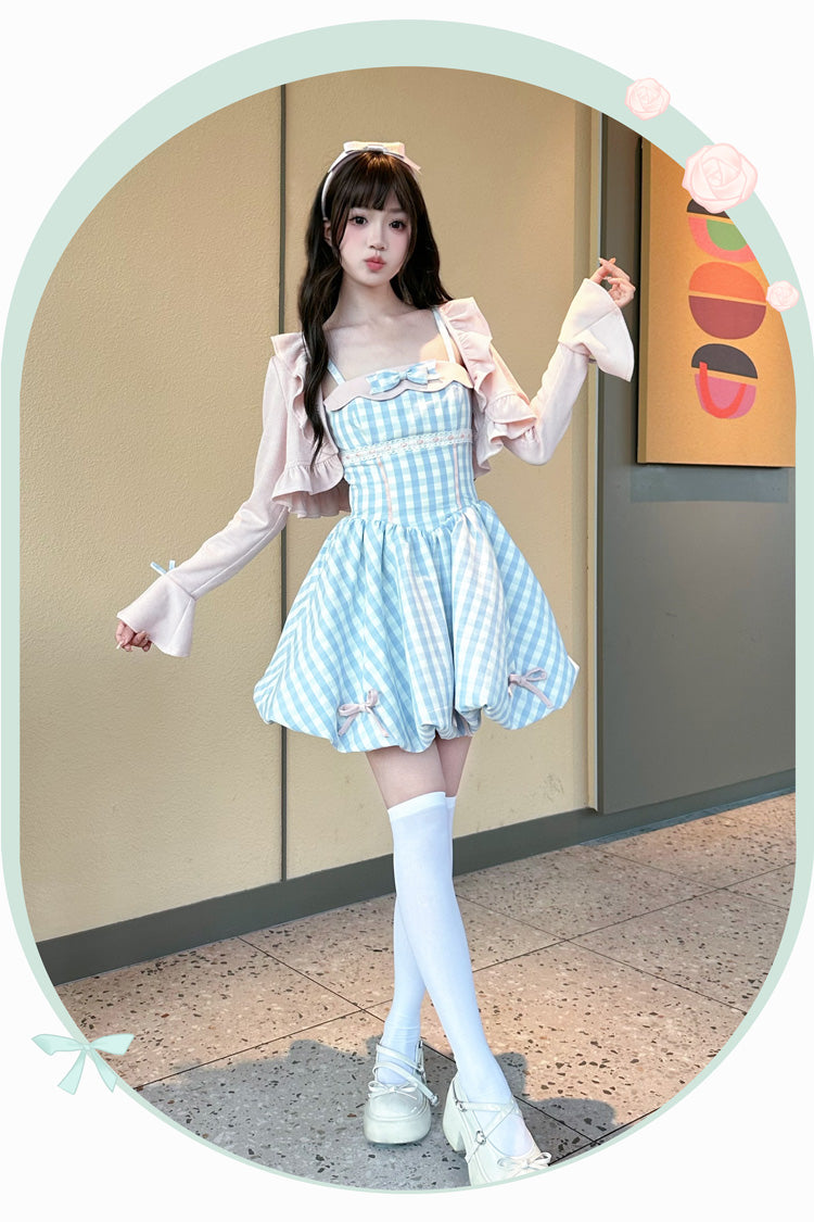 Blue [Sea Salt Strawberries] Sleeveless Plaid Print Bowknot Sweet Lolita Jsk Short Dress - Product - 7
