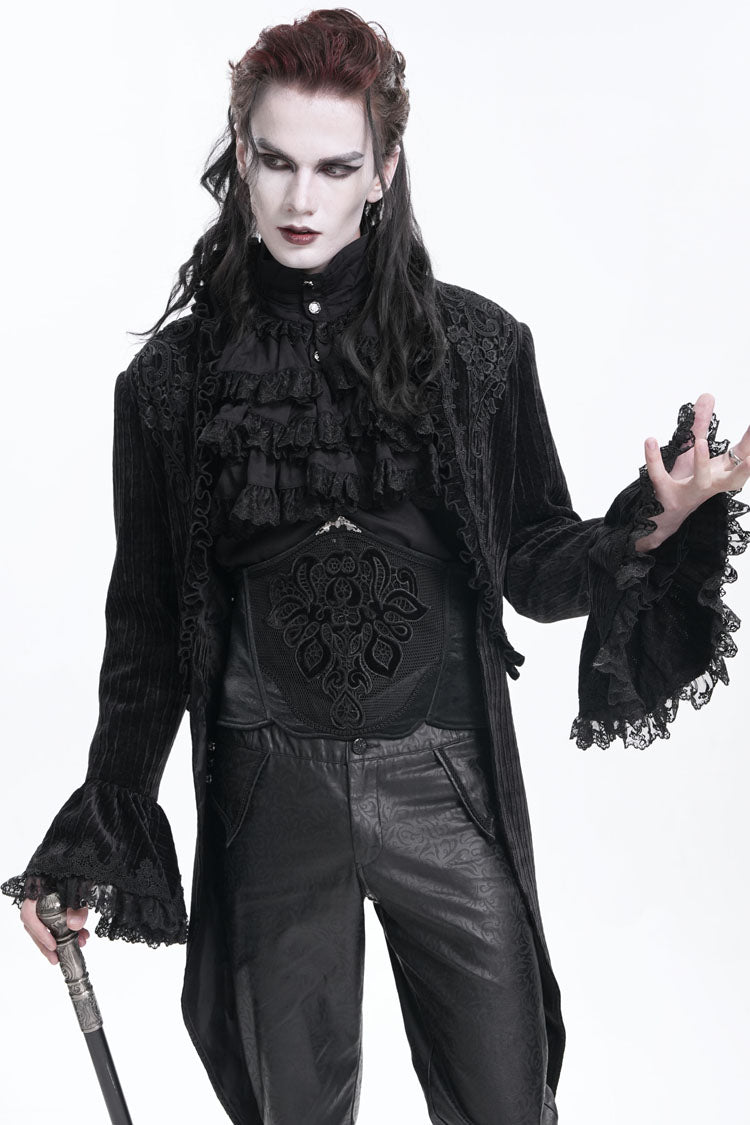 Black Stand Collar Swallow-tailed Long Sleeves Lace Men's Gothic Jacket - Black - 1