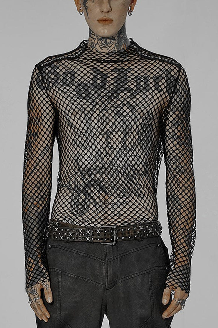 Black Punk Mesh See Through Sexy Long Sleeve Men's T-Shirt - Black - 1