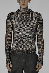 Black Punk Mesh See Through Sexy Long Sleeve Men's T-Shirt - Black - 1