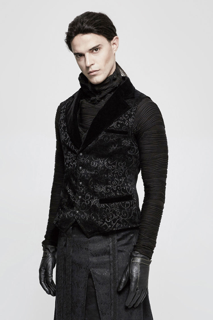 Black Jacquard Velvet Gothic Vintage V Collar Print Mens Vest - Product - 2