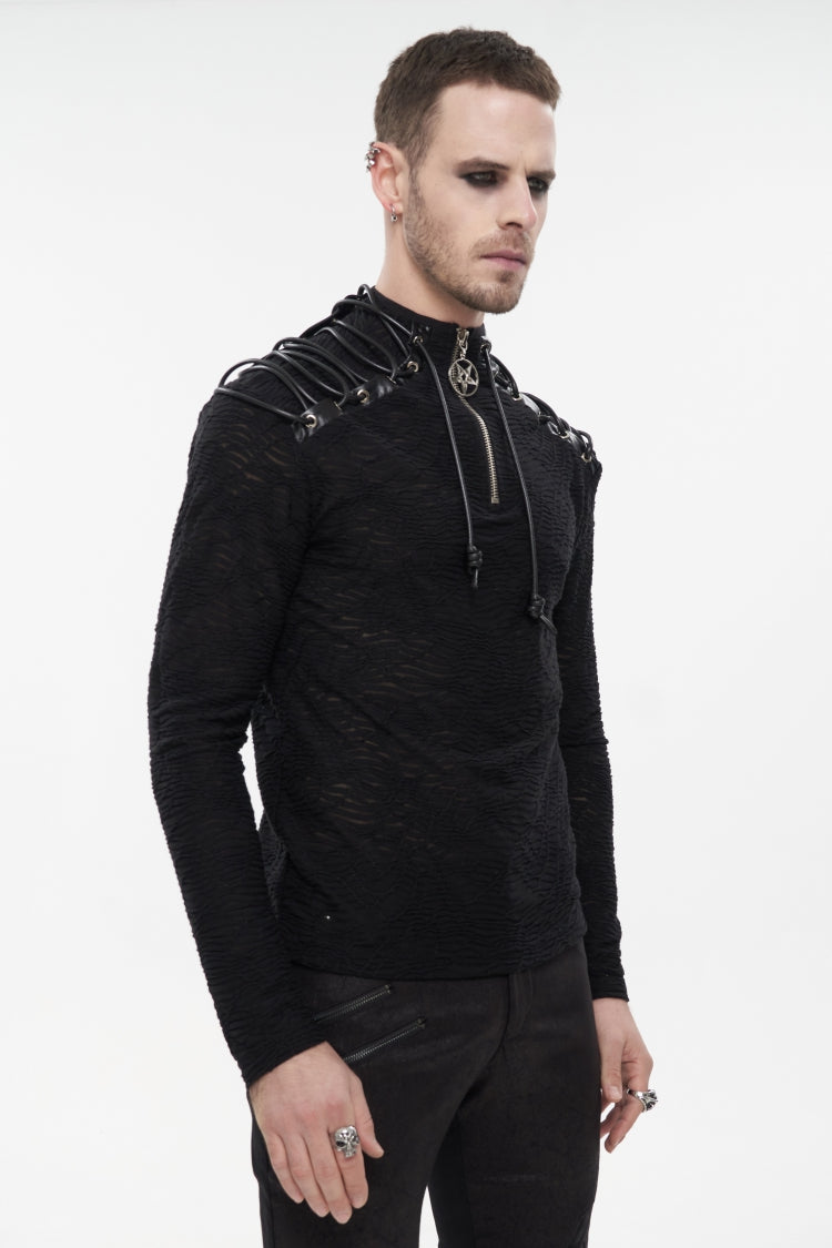 Black Punk High Collar Long Sleeve Stitched Metal Lace-Up Pentagram Hollow Texture Design Men's T-Shirt - Product - 3