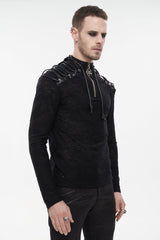 Black Punk High Collar Long Sleeve Stitched Metal Lace-Up Pentagram Hollow Texture Design Men's T-Shirt - Product - 3