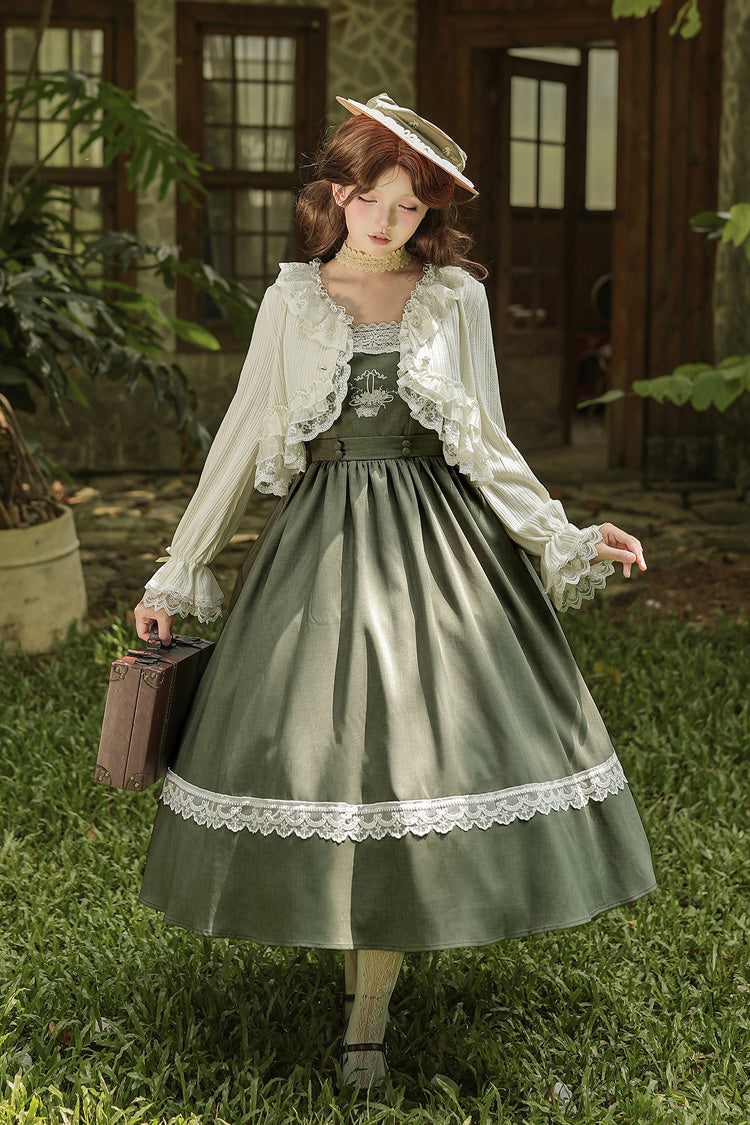 [The Oak Tree in the Wind] Square Collar Sleeveless Jacquard Embroidered Lace Classic Elegant Lolita Jsk Dress 2 Colors (Black, Green) - Product - 16