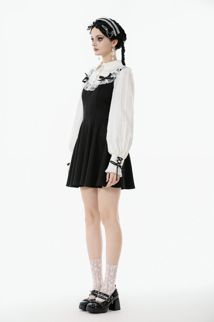 Black/White Faux Two-Piece Doll Collar Long Sleeves Lace-Up Women's Lolita Gothic Graduation Dress - Product - 10