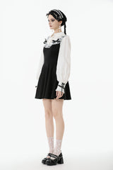 Black/White Faux Two-Piece Doll Collar Long Sleeves Lace-Up Women's Lolita Gothic Graduation Dress - Product - 10