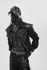 Black Faux Leather Stitching Buckle Zipper Straps Men's Punk Coat - Product - 6