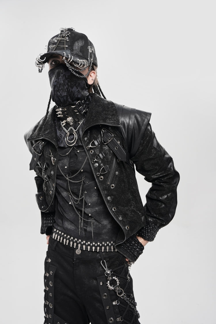 Black Faux Leather Stitching Buckle Zipper Straps Men's Punk Coat - Product - 6