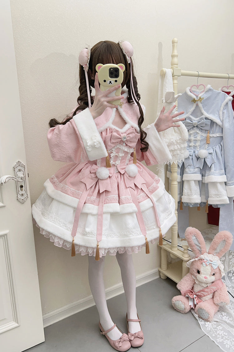 Pink [Snow Rabbit] Long Sleeves Ruffle Bowknot Fake Two Pieces Sweet Lolita Dress - Product - 2
