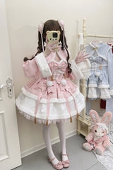 Pink [Snow Rabbit] Long Sleeves Ruffle Bowknot Fake Two Pieces Sweet Lolita Dress - Product - 2