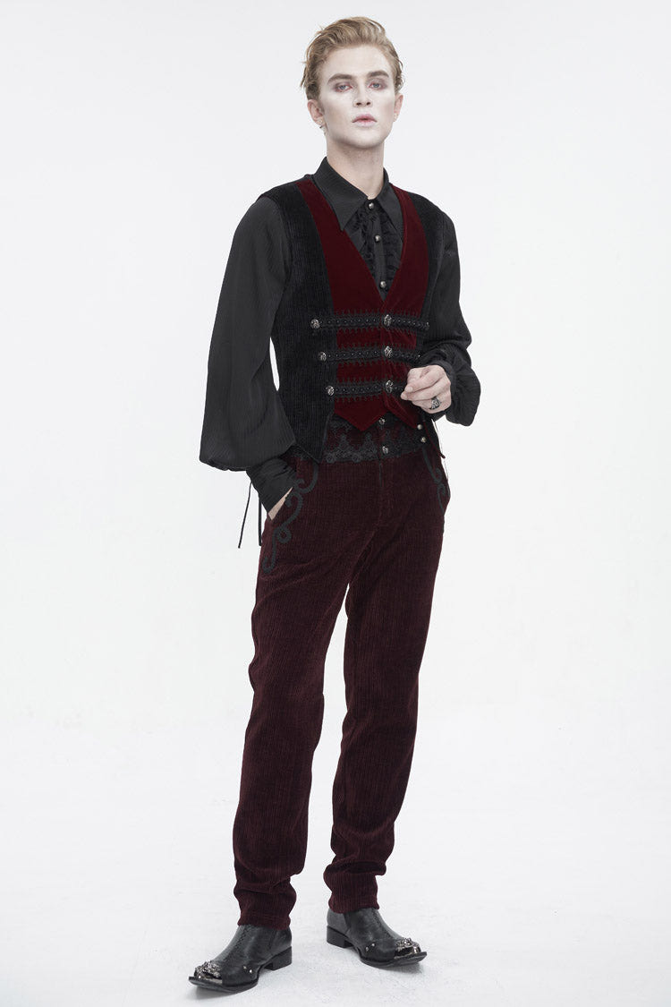 Black/Red Irregular Velvet Splice Corduroy Men's Gothic Waistcoat - Product - 4