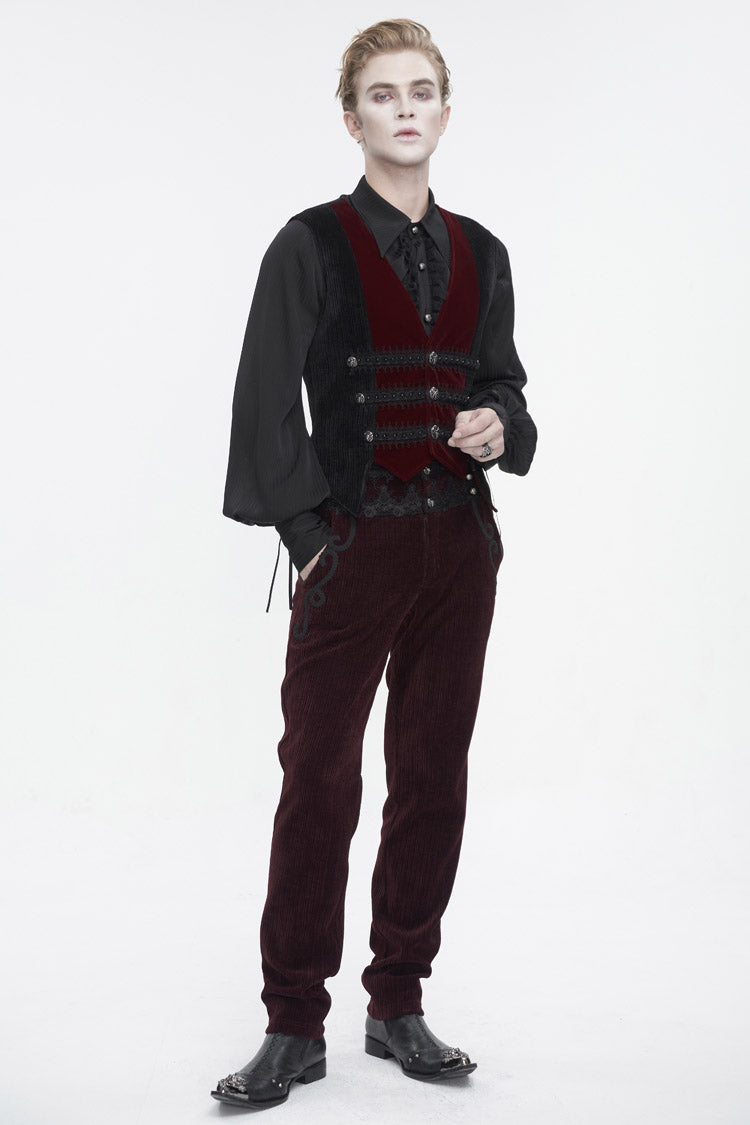 Black/Red Irregular Velvet Splice Corduroy Men's Gothic Waistcoat - Product - 4