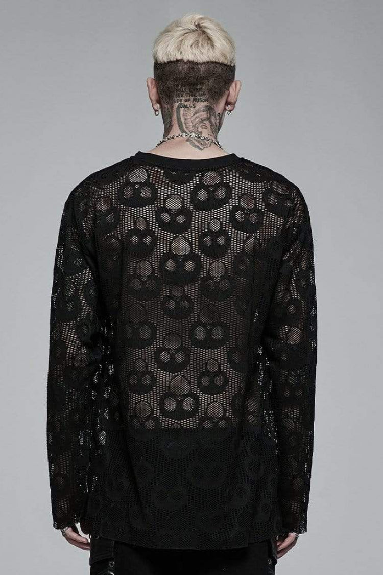 Black Long Sleeves Skull Print Lace Sheer Mesh Men's Steampunk T-Shirt - Product - 3