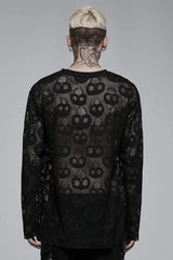 Black Long Sleeves Skull Print Lace Sheer Mesh Men's Steampunk T-Shirt - Product - 3