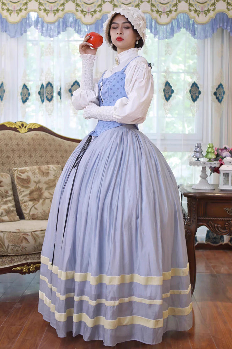 Light Blue [Bashu Girl] Long Puff Sleeves Print Lace-Up Fishbone Corset Sweet Lolita Skirt Dress Three-Piece Set - Product - 7