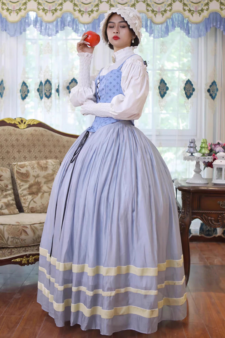 Light Blue [Bashu Girl] Long Puff Sleeves Print Lace-Up Fishbone Corset Sweet Lolita Skirt Dress Three-Piece Set - Product - 7