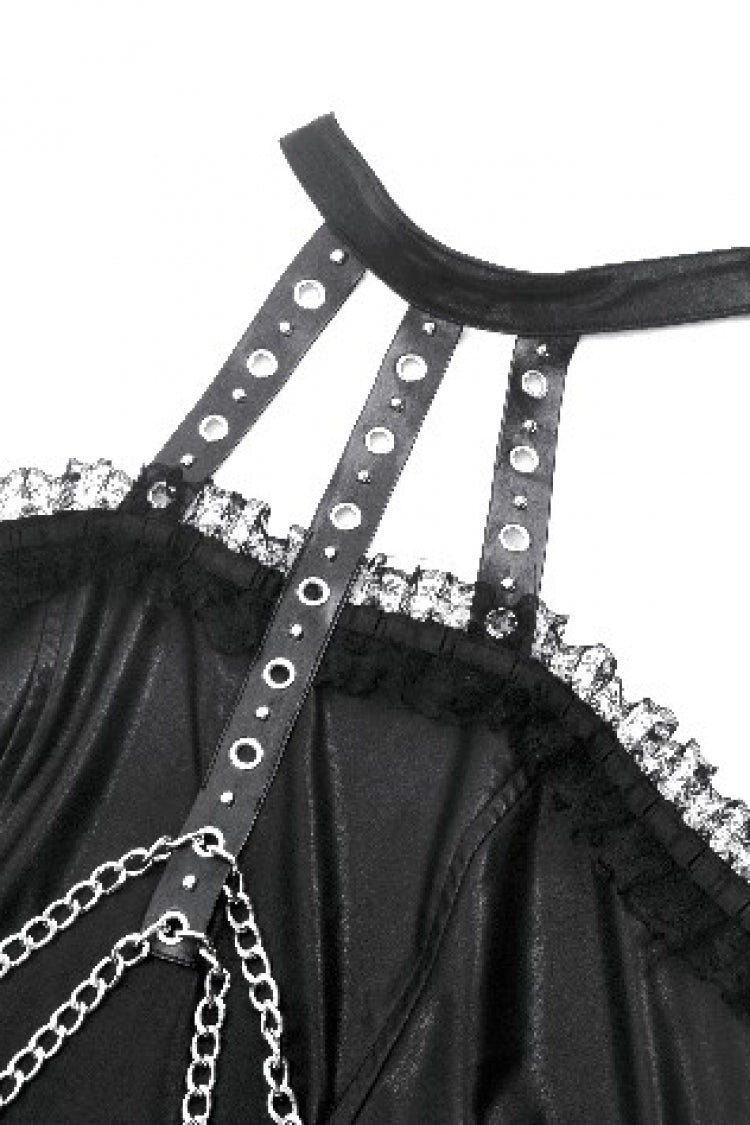 Black Halterneck Zippered Chain-Decorated Eyelet Women's Punk Faux Leather Dress - Product - 14