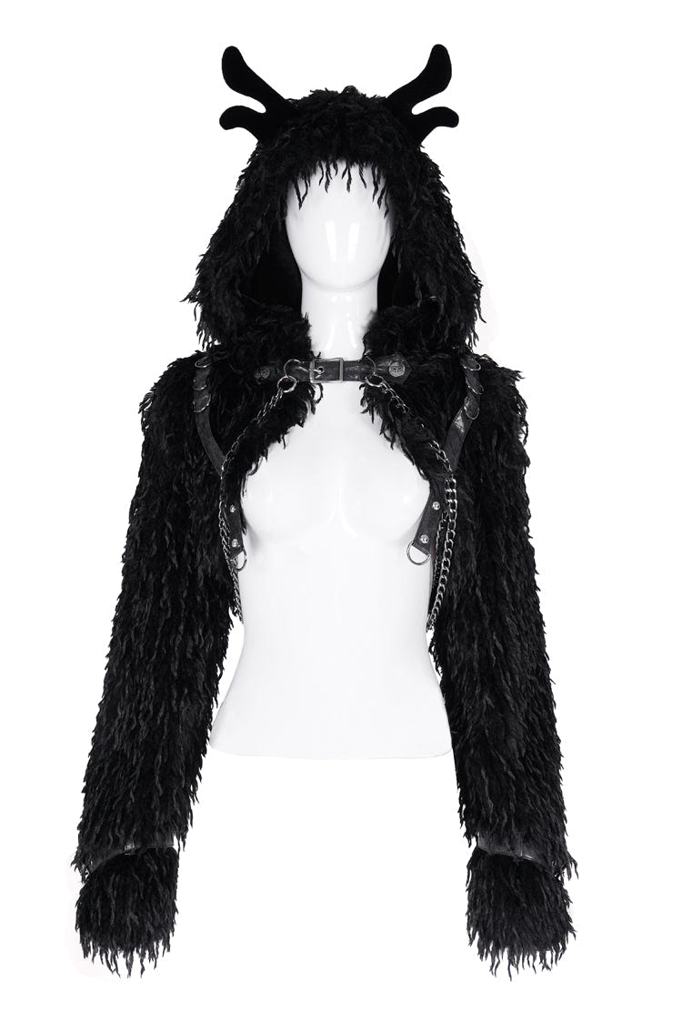 Black Long Sleeves Hooded Women's Gothic Chain Buckle-up Horn Cape - Product - 3