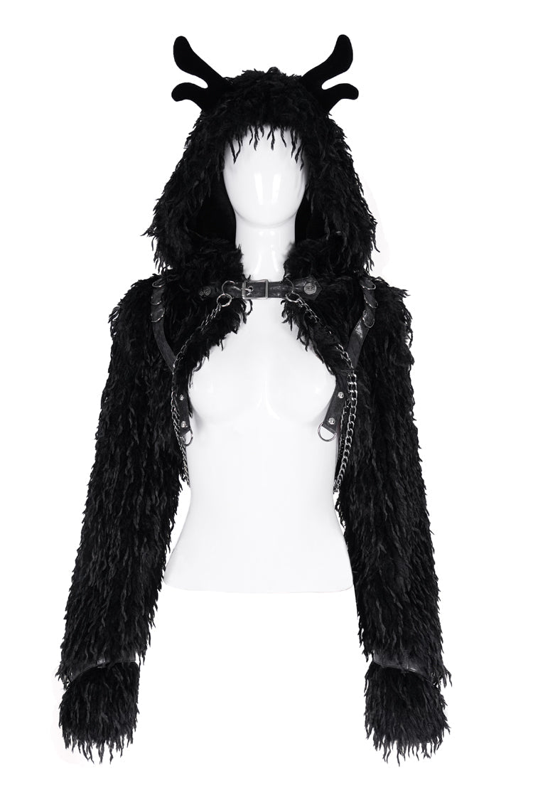 Black Long Sleeves Hooded Women's Gothic Chain Buckle-up Horn Cape - Product - 3