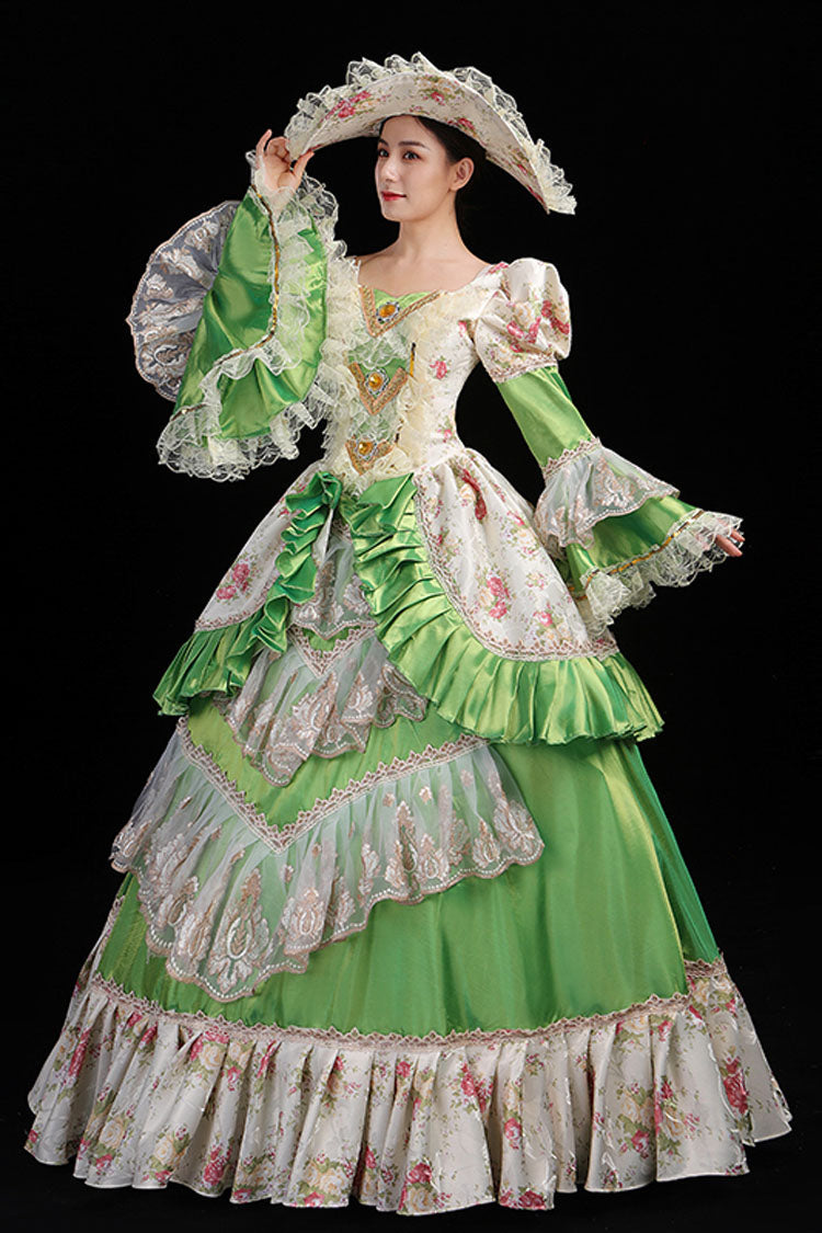 Trumpet Sleeves High Waisted Ruffled Multi-Layer Hollow Embroidery Print Victorian Lolita Prom Dress - Green - 7
