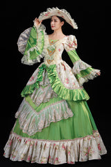 Trumpet Sleeves High Waisted Ruffled Multi-Layer Hollow Embroidery Print Victorian Lolita Prom Dress - Green - 7
