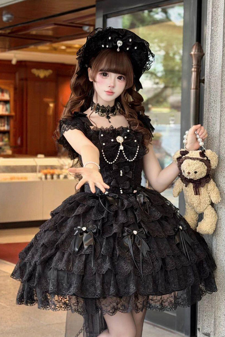 Black [Featherlight Slumber] Square Collar Sleeveless Multi-Layered Bow Lace Pearl-Decorated Gothic Lolita Jsk Dress - Black - 1