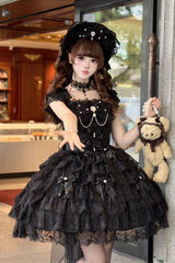 Black [Featherlight Slumber] Square Collar Sleeveless Multi-Layered Bow Lace Pearl-Decorated Gothic Lolita Jsk Dress - Black - 1