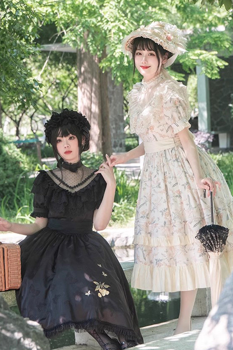 Multi-Color Daisy Print Cherry Embroidery Edwardian Collar Short Sleeves Sweet Lolita Dress - Product - 7