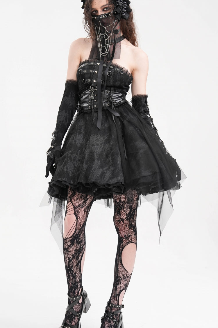 Black Halterneck Backless A-Line Women's Gothic Punk Short Dress - Product - 6