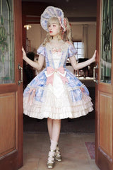 [Angel Heart Sky Oil Painting] Print Ruffle Cardigan Bowknot Sweet Princess Lolita Dress 3 Colors - Product - 10