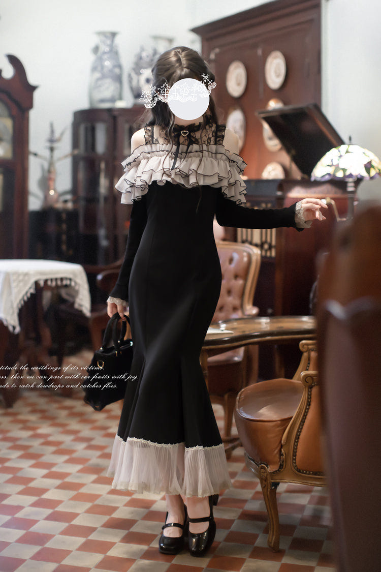 Black [Night Cherry Blossoms] Long Sleeves Ruffle Bowknot Daily Sweet Elegant Lolita Fishtail Dress - Black - 1