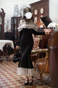 Black Night Cherry Blossoms Long Sleeves Ruffle Bowknot Daily Sweet Elegant Fishtail (Set) front view
