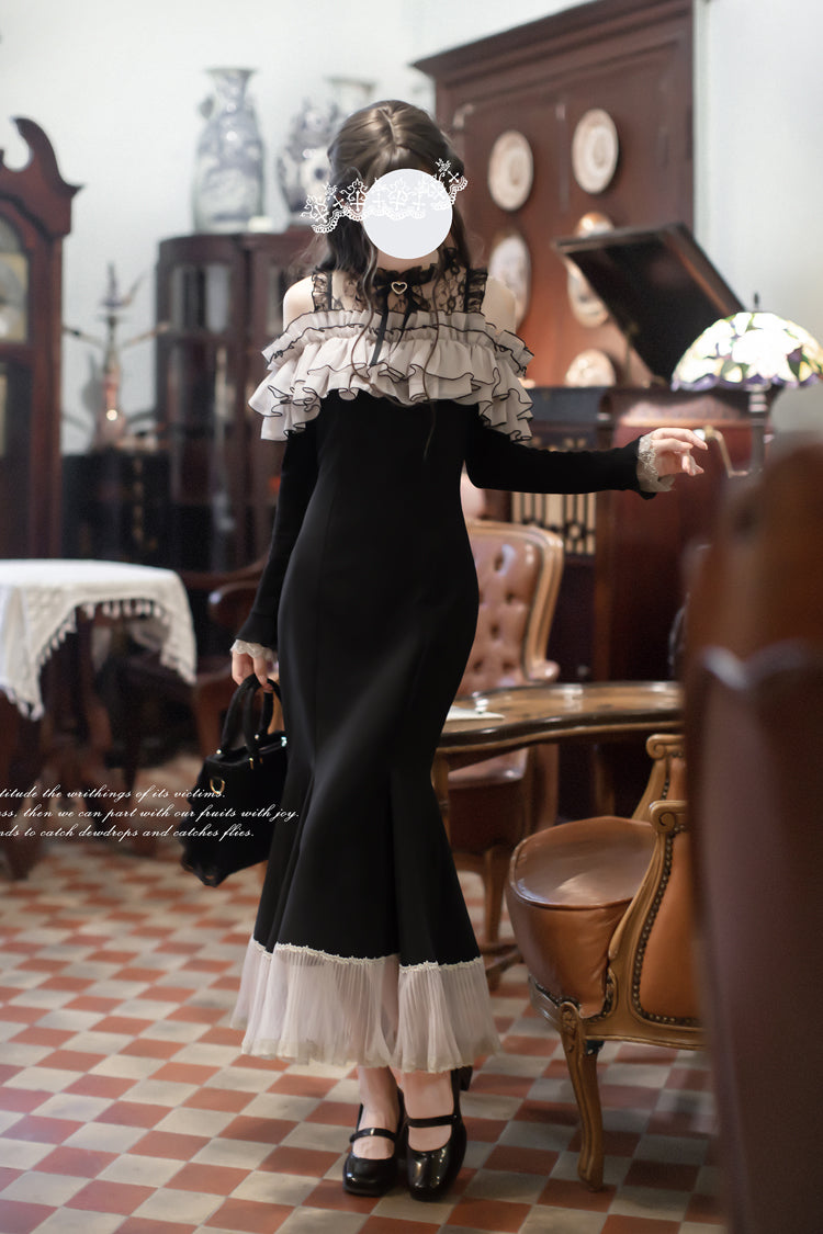 Black [Night Cherry Blossoms] Long Sleeves Ruffle Bowknot Daily Sweet Elegant Lolita Fishtail Dress - Black - 1