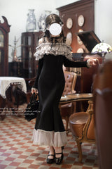 Black [Night Cherry Blossoms] Long Sleeves Ruffle Bowknot Daily Sweet Elegant Lolita Fishtail Dress - Black - 1